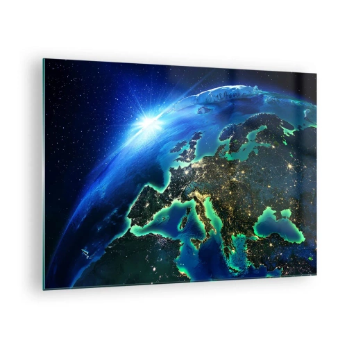 Glastavla - Bild på glas - Vy över jorden från rymden med Europa som glöder på natten - 70x50cm - Glödande Europa - Modern väggdekoration för vardagsrum och sovrum ARTTOR