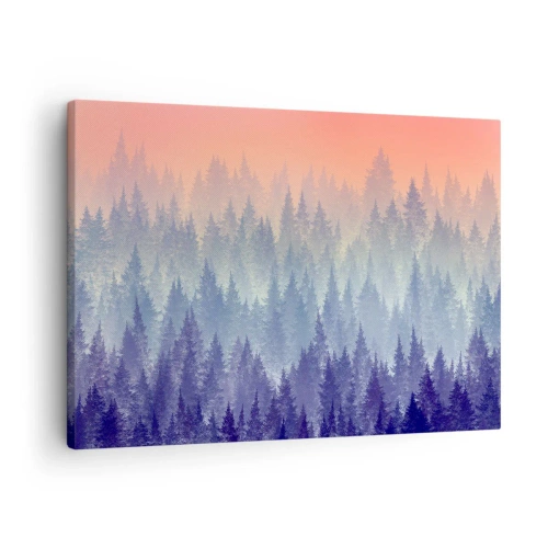 Canvastavla - Bild på duk - En dimmig skog i nyanser av lila och orange - 70x50cm - Högt, högre, upp till himlen - Modern väggdekoration för vardagsrum och sovrum ARTTOR