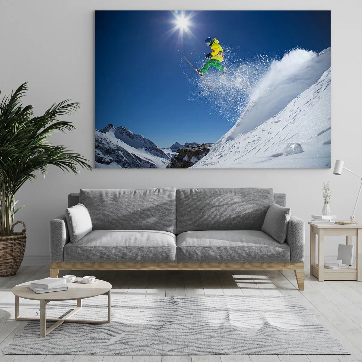 Glastavla - Bild på glas - En skidåkare i aktion mot bakgrund av snötäckta berg - 70x50cm - Dansar med fjällen - Modern väggdekoration för vardagsrum och sovrum ARTTOR