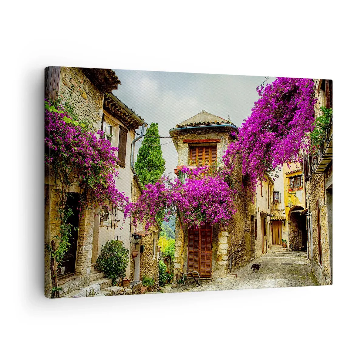 Canvastavla - Bild på duk - En stengata med rosa blommor och hus - 70x50cm - Under blommig baldakin - Modern väggdekoration för vardagsrum och sovrum ARTTOR