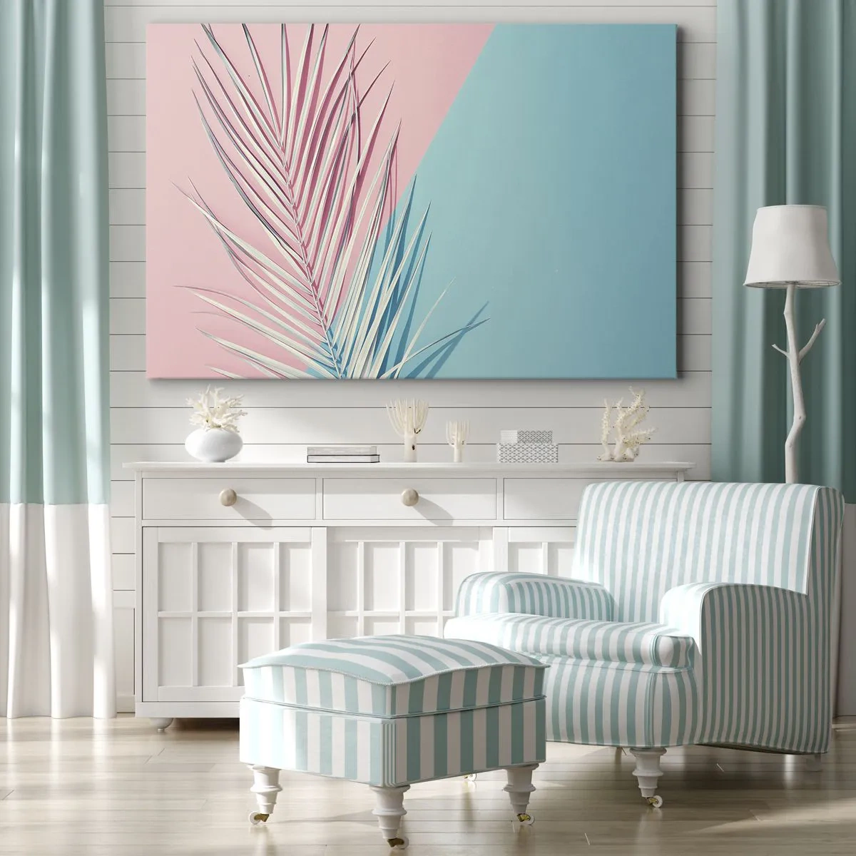 Canvastavla - Bild på duk - Tropiskt löv mot en bakgrund av pastellfärger av rosa och blått - 70x50cm - Tropisk impression - Modern väggdekoration för vardagsrum och sovrum ARTTOR