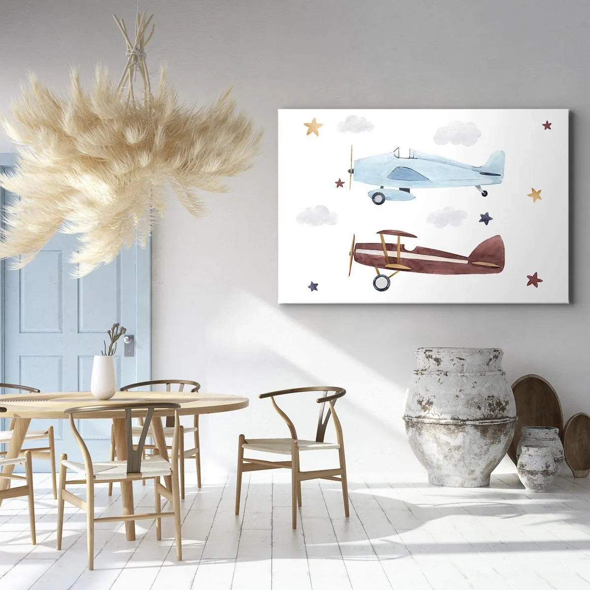 Canvastavla - Bild på duk - Handmålade flygplan mot en bakgrund av moln och stjärnor - 70x50cm - Herr pilot, vi väntar! - Modern väggdekoration för vardagsrum och sovrum ARTTOR