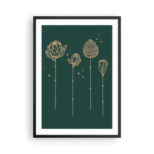 Affisch i svart ram - Gyllene konturer av blommor på en mörkgrön bakgrund - 50x70cm - Familjen ÖRTsson - Modern väggdekoration för vardagsrum och sovrum ARTTOR