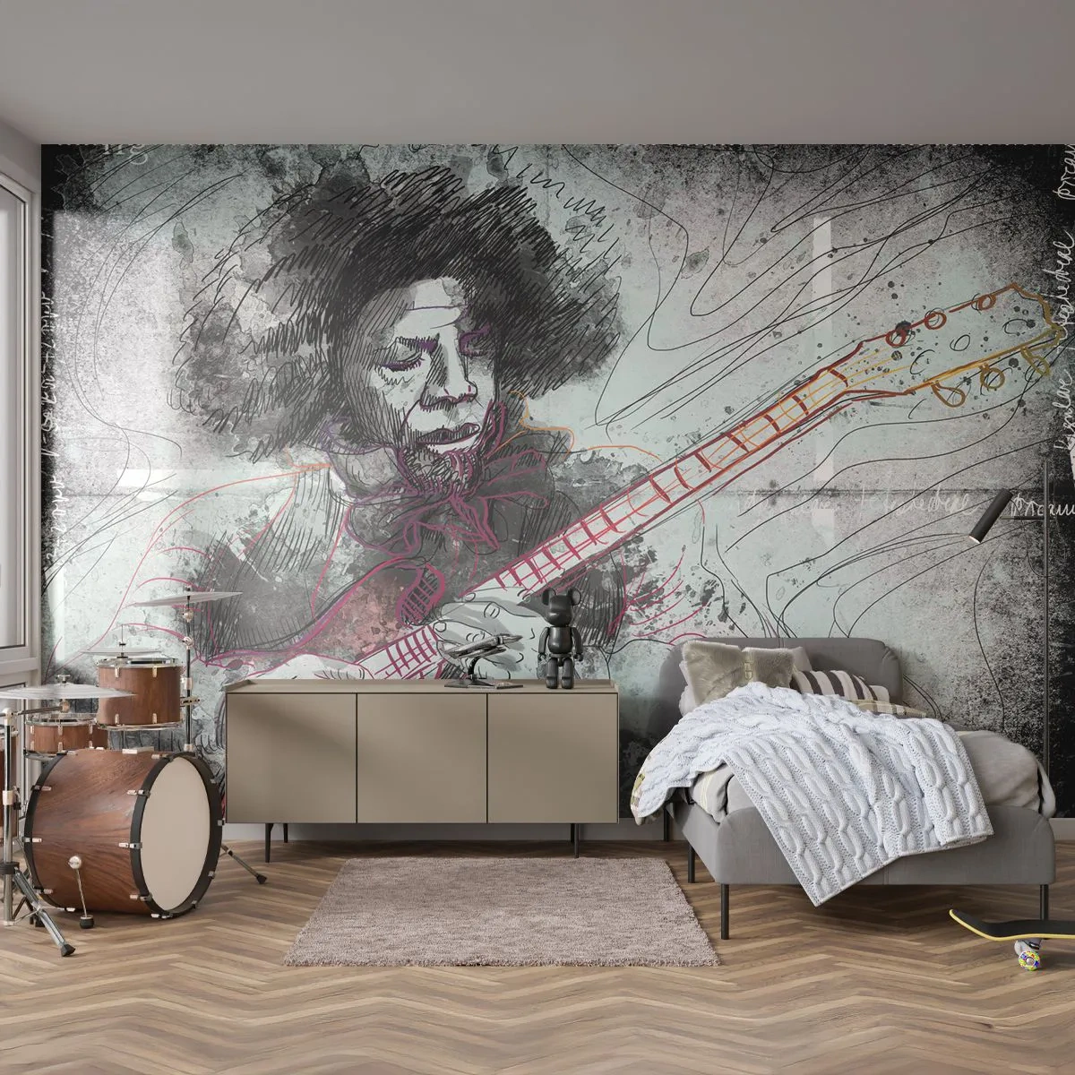 Självhäftande Fototapet Deluxe Sticker - På musikens vågor - musik, Gitarrist, Instrument - 250x175 cm