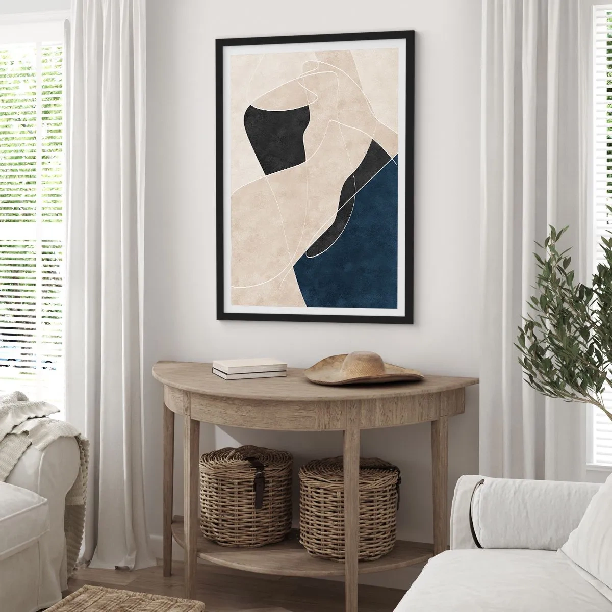 Affisch i svart ram - Geometrisk abstraktion i nyanser av beige, svart och marinblått - 50x70cm - Abstrakt komposition - färgkontrast - Modern väggdekoration för vardagsrum och sovrum ARTTOR