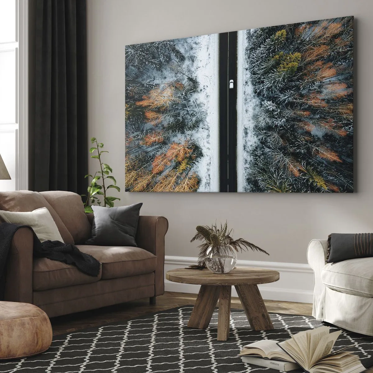 Canvastavla - Bild på duk - En väg genom en vinterskog sedd från ett fågelperspektiv - 70x50cm - Genom vinterskogen - Modern väggdekoration för vardagsrum och sovrum ARTTOR