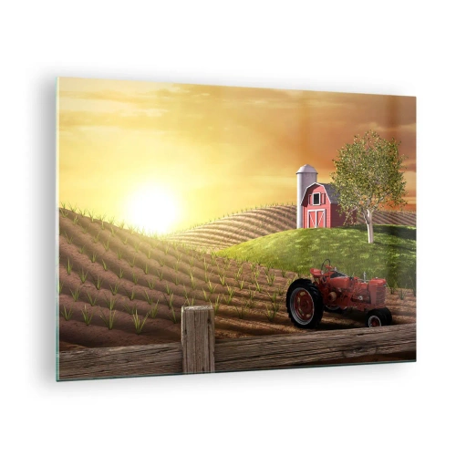Glastavla - Bild på glas - Solnedgång över en gård med ett fält och en traktor - 70x50cm - Sagolik farm - Modern väggdekoration för vardagsrum och sovrum ARTTOR