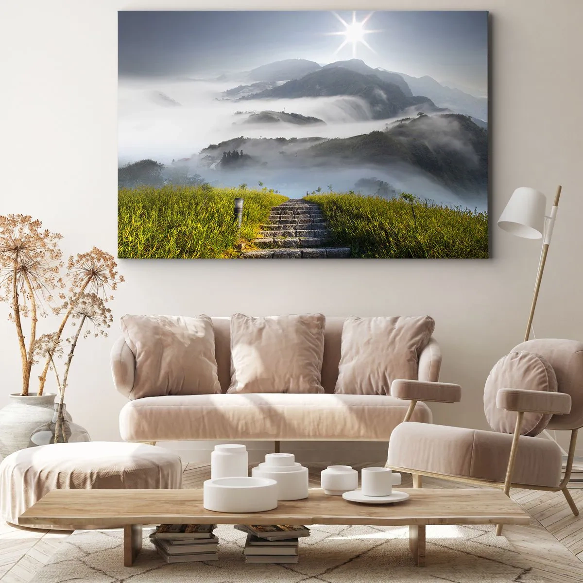 Canvastavla - Bild på duk - Stentrappor som leder upp genom bergen höljda i morgondimma - 70x50cm - Upp mot molnen - Modern väggdekoration för vardagsrum och sovrum ARTTOR
