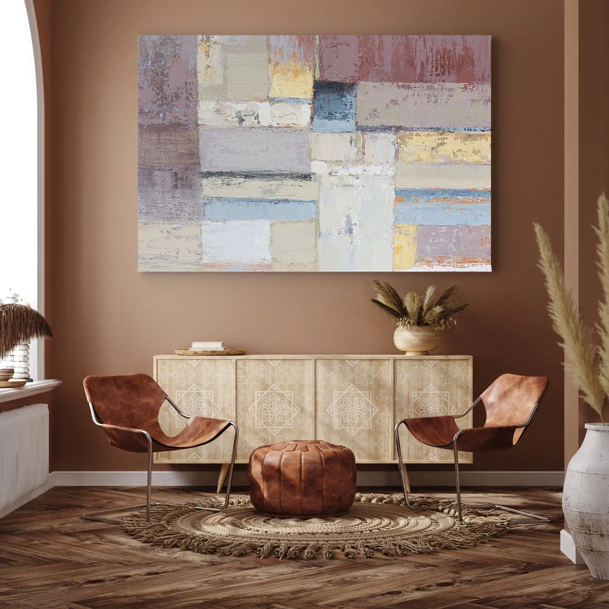 Canvastavla - Bild på duk - Geometrisk komposition i pastellfärger - 70x50cm - Geometrins lugn - Modern väggdekoration för vardagsrum och sovrum ARTTOR