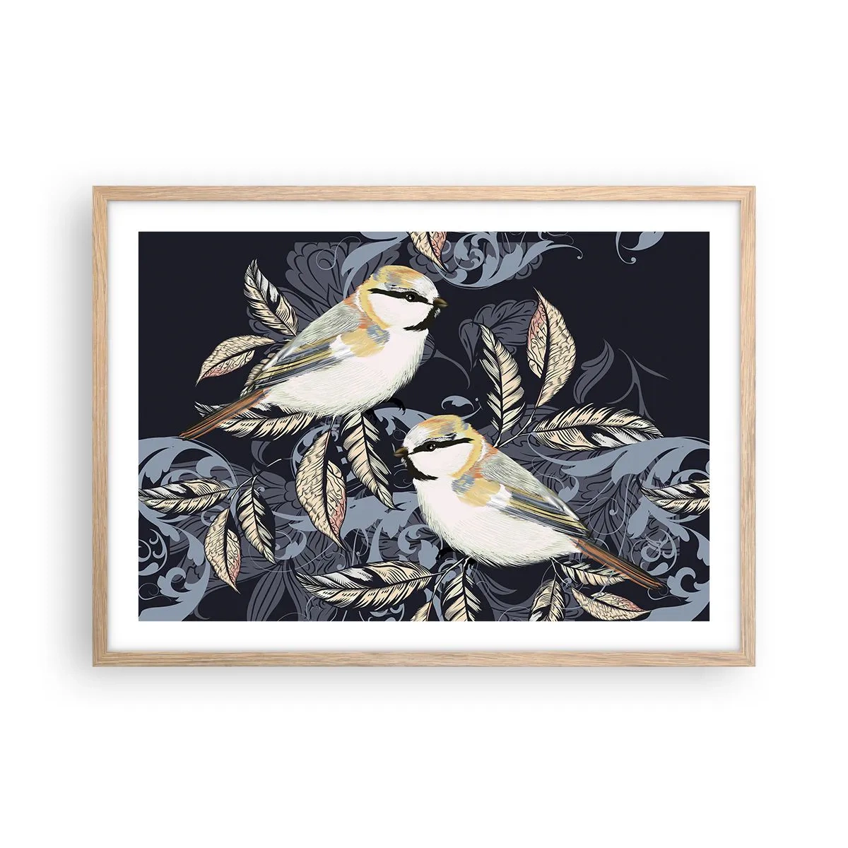 Affisch i ram av ljusek - Gul-grå fågelsång - 70x50 cm