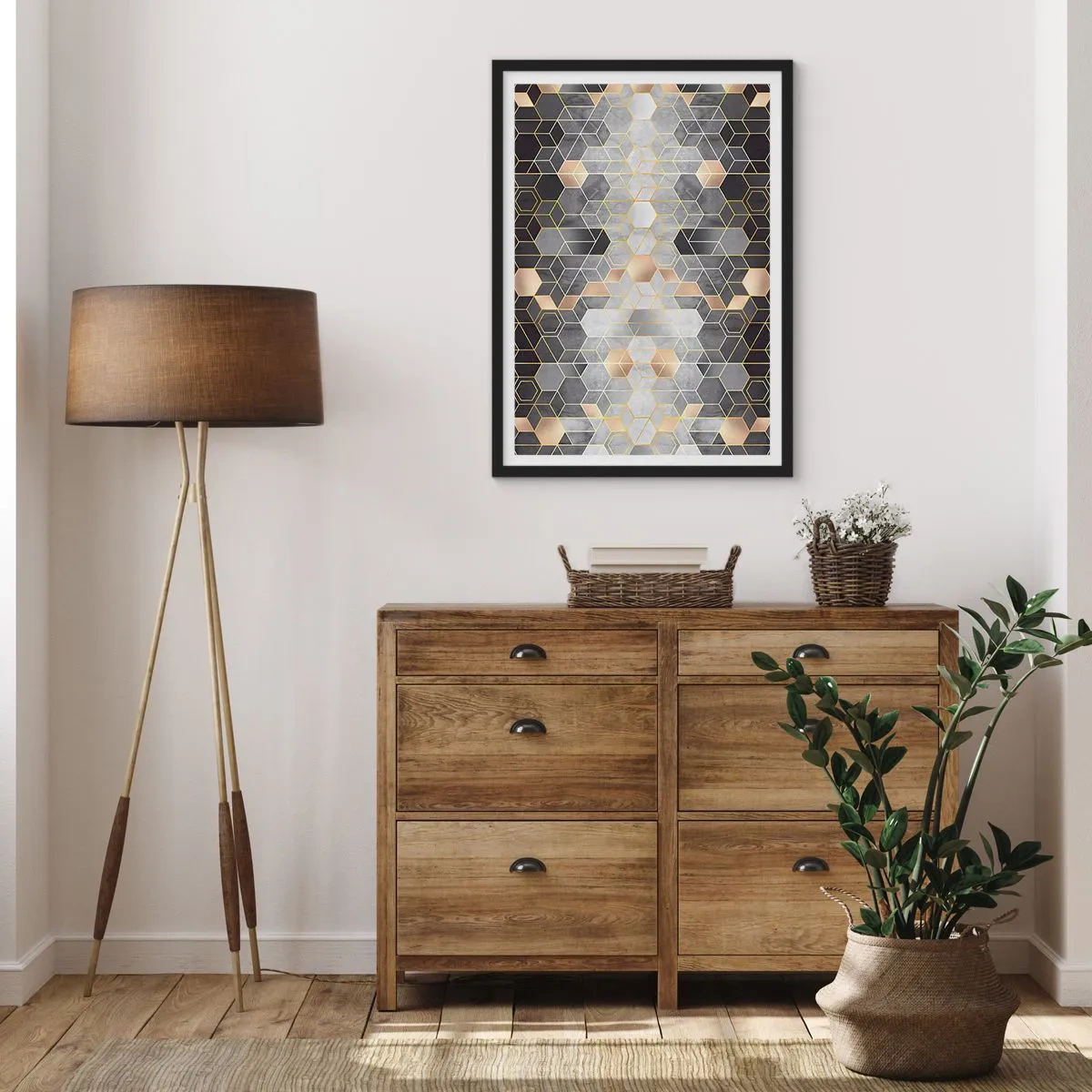 Affisch i svart ram - Geometriskt hexagonmönster i nyanser av guld och grått - 50x70cm - Diamantkomposition - Modern väggdekoration för vardagsrum och sovrum ARTTOR