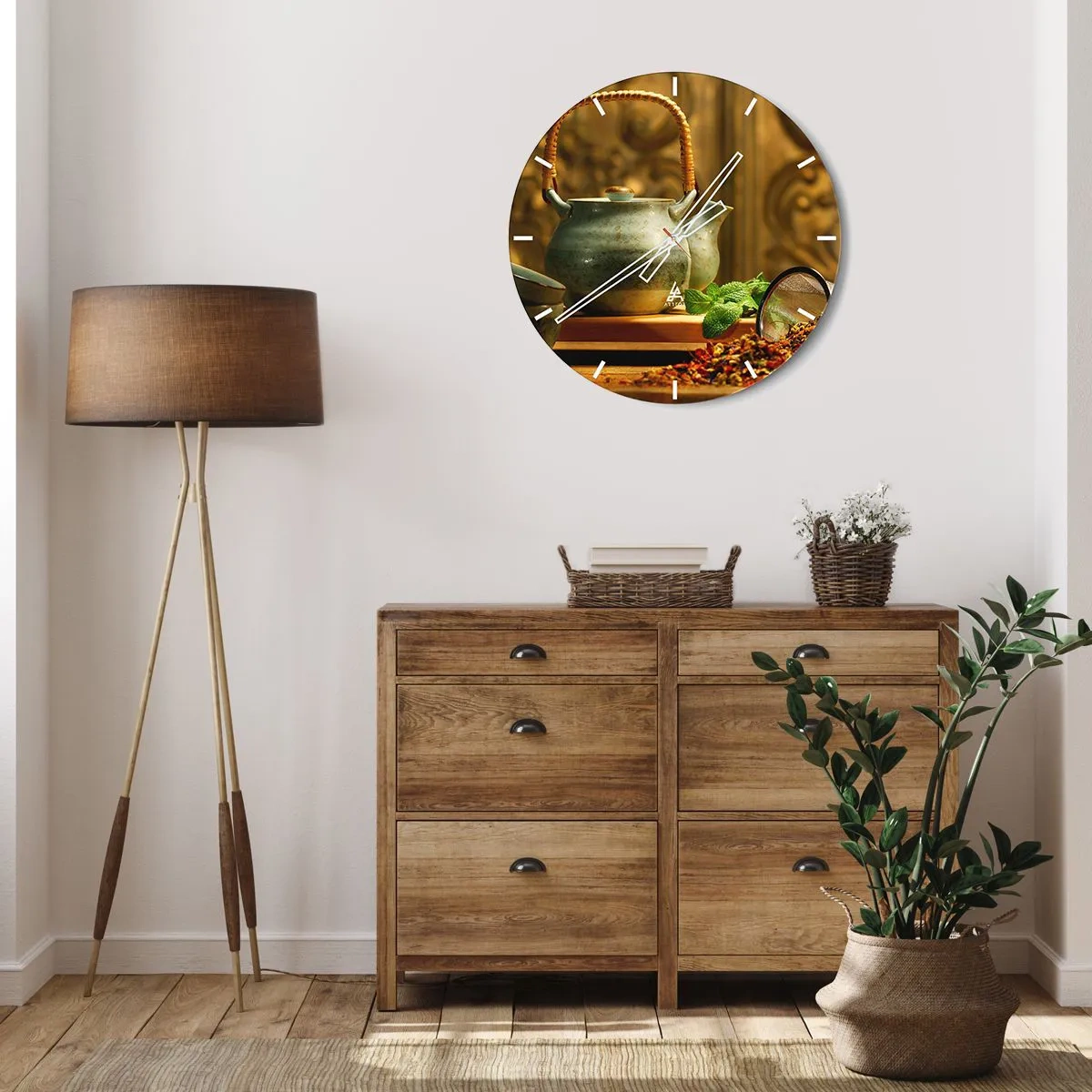 Väggklocka - Klocka på glas - Grön tekanna med färska myntablad - 30x30cm - Avhandling om tedrickande - Modern väggdekoration för vardagsrum, kök och sovrum ARTTOR