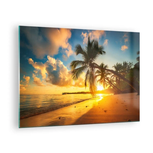 Glastavla - Bild på glas - Tropisk strand med palmer vid solnedgången - 70x50cm - Karibisk dröm - Modern väggdekoration för vardagsrum och sovrum ARTTOR