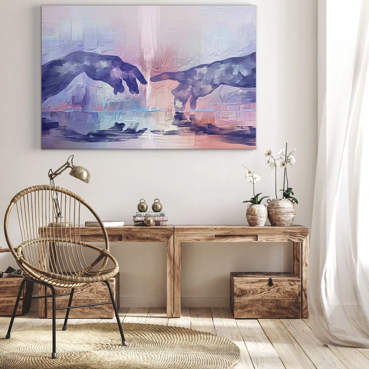 Canvastavla - Bild på duk - Symboliska händer i abstrakta färger, med hänvisning till skapelsetemat - 70x50cm - Den gudomliga gnistan av liv - Modern väggdekoration för vardagsrum och sovrum ARTTOR