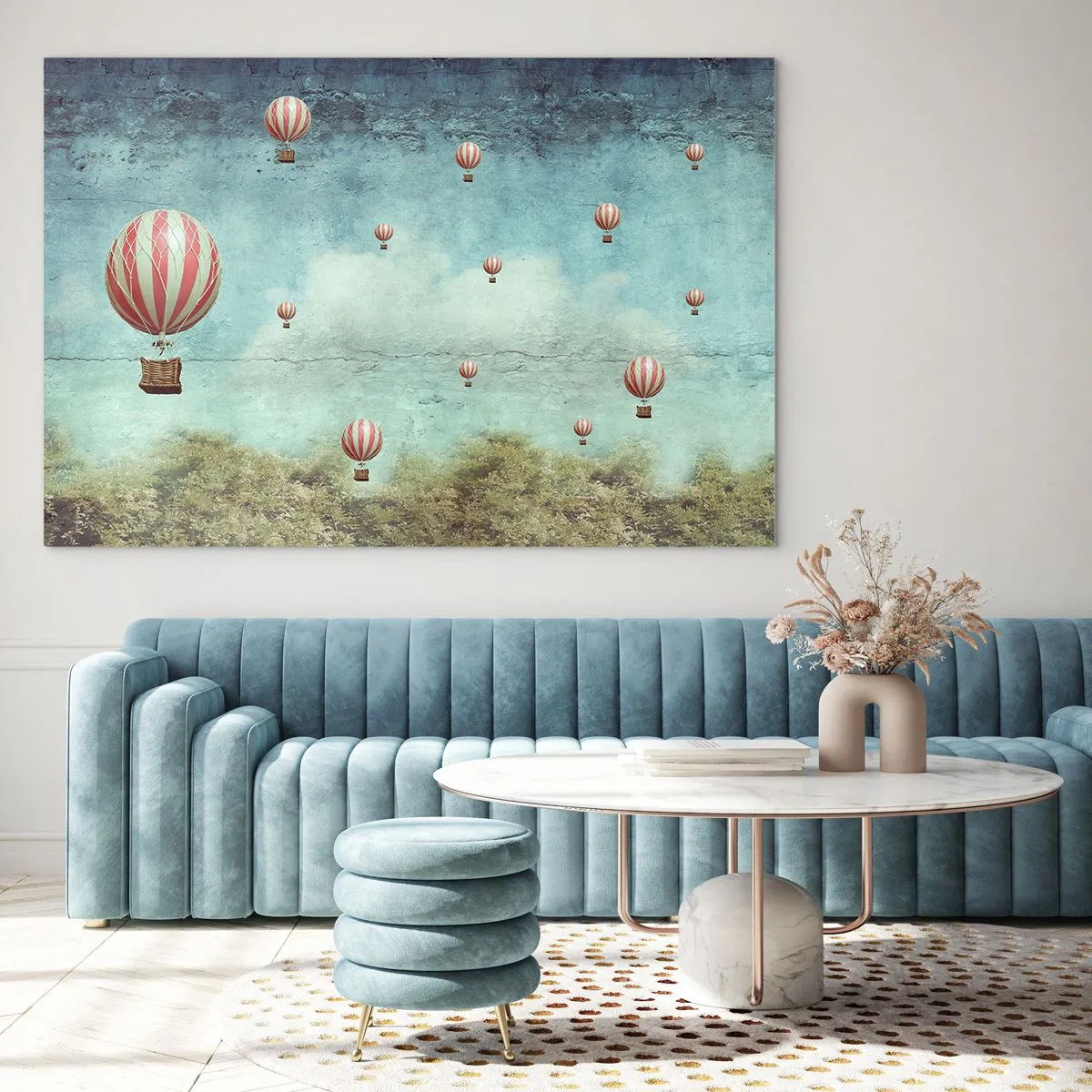 Glastavla - Bild på glas - Ballonger som svävar över ett grönt landskap - 70x50cm - Fria från livets buller - Modern väggdekoration för vardagsrum och sovrum ARTTOR