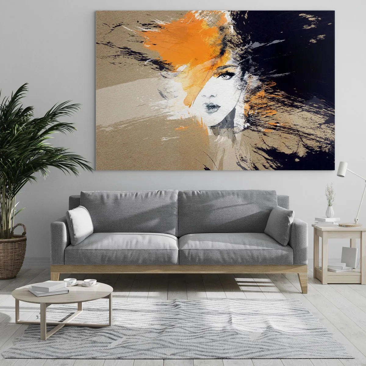 Glastavla - Bild på glas - Abstrakt porträtt av en kvinna med orange accenter - 70x50cm - Och så blir det ljus - Modern väggdekoration för vardagsrum och sovrum ARTTOR