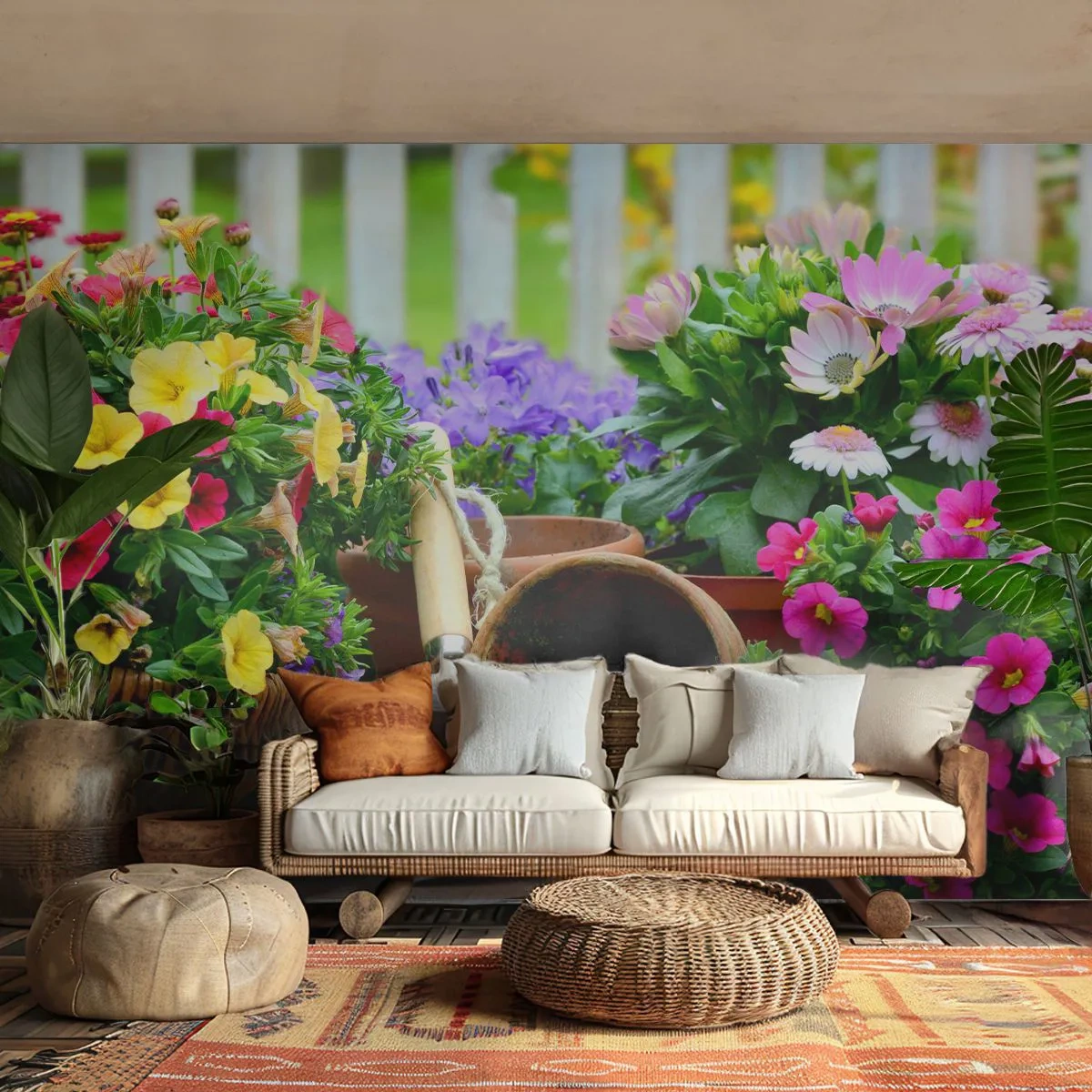 Fototapet Standard Eco - Färgglada blommor i trädgården med vårdverktyg - 100x70cm - Sofias lilla trädgård - Modern väggdekoration för vardagsrum och sovrum ARTTOR