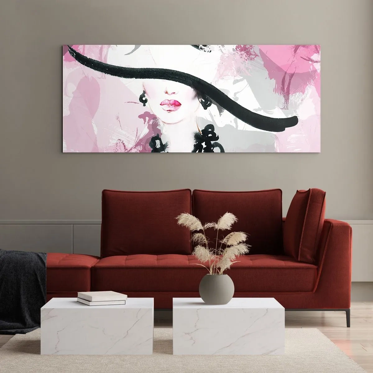 Glastavla - Bild på glas - En damportätt i svart och rosa - 100x40 cm