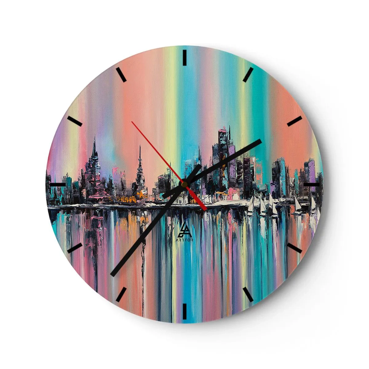 Väggklocka - Klocka på glas - Ett färgglatt stadspanorama som speglas i vattnet - 30x30cm - Nattens ljus - Modern väggdekoration för vardagsrum, kök och sovrum ARTTOR