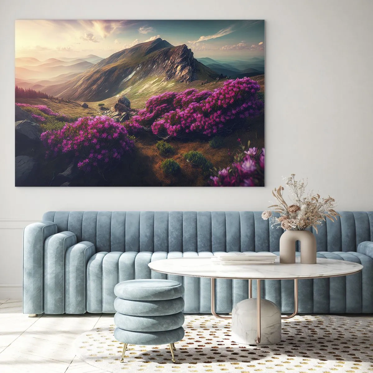 Glastavla - Bild på glas - Sommarbergslandskap med blommande rosa ljung - 70x50cm - Sommar i fjällen - Modern väggdekoration för vardagsrum och sovrum ARTTOR