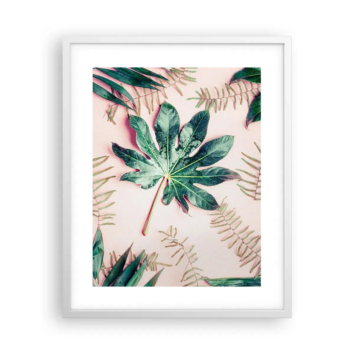 Affisch i vit ram - Grönskans studie mot rosa bakgrund - 40x50 cm