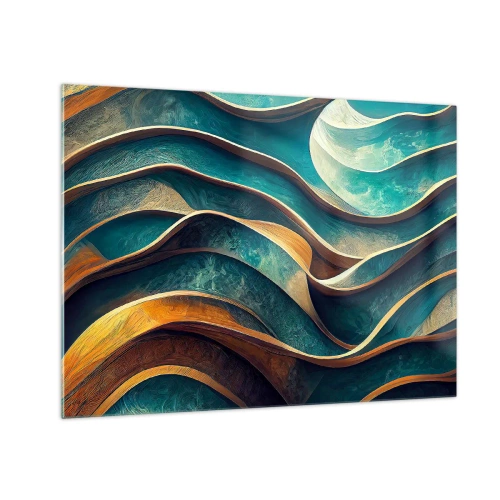 Glastavla - Bild på glas - Dynamiska linjer i blått och koppar skapar vågor - 70x50cm - Meandrar av blått - Modern väggdekoration för vardagsrum och sovrum ARTTOR