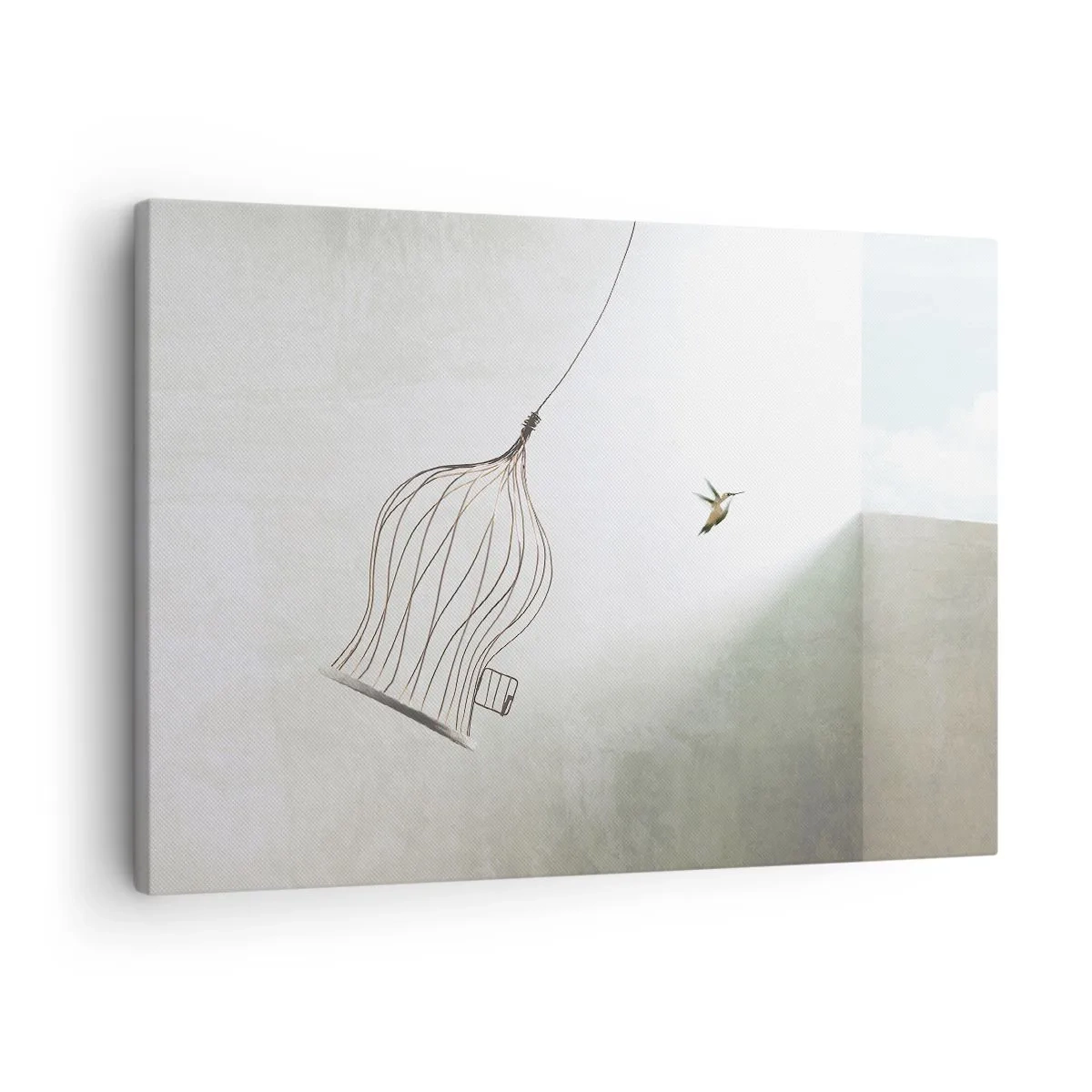 Canvastavla - Bild på duk - En fågel frigjord från en bur mot bakgrund av en ljus himmel - 70x50cm - I sitt esse - Modern väggdekoration för vardagsrum och sovrum ARTTOR