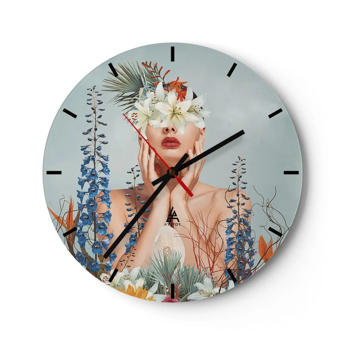 Väggklocka - Klocka på glas - En kvinna med en bukett exotiska blommor som täcker ögonen. - 30x30cm - Kvinna - blomma - Modern väggdekoration för vardagsrum, kök och sovrum ARTTOR