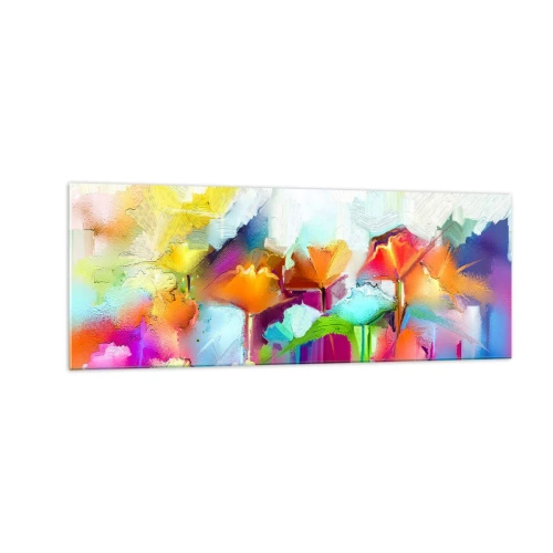 Glastavla - Bild på glas - Regnbågen blommar - 140x50 cm