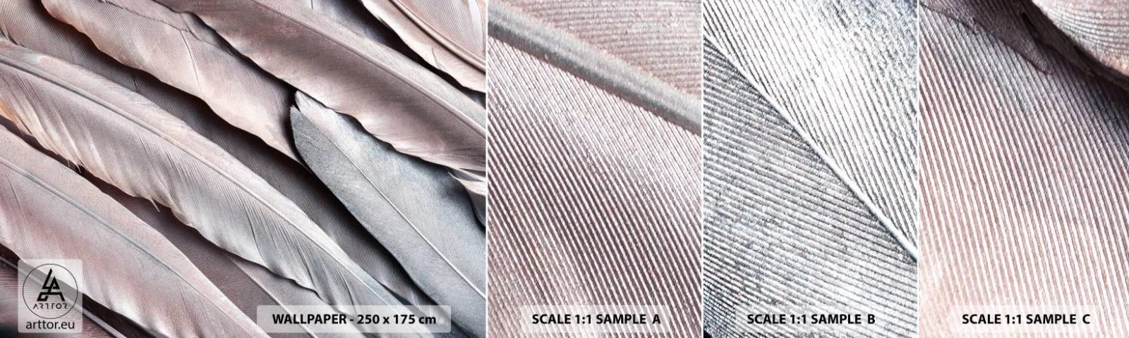 Provbit av självhäftande fototapet Deluxe Sticker - I rosa silver - Fågelfjäder, Grafik, Boho - 100x30 cm