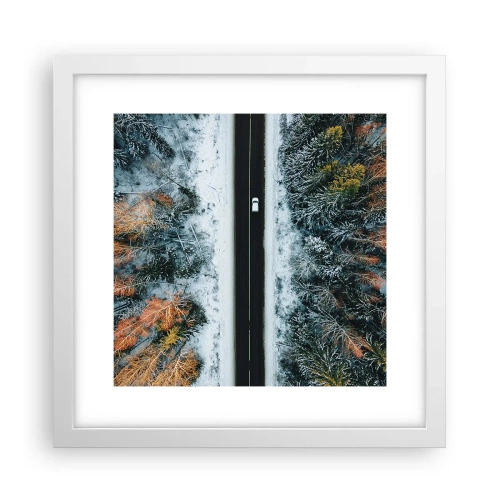Affisch i vit ram - Genom vinterskogen - 30x30 cm