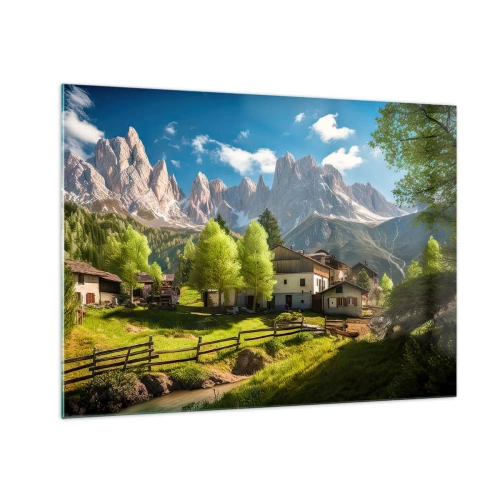 Glastavla - Bild på glas - Landsbygdsutveckling bland grönska vid foten av alpina toppar - 70x50cm - Alpin idyll - Modern väggdekoration för vardagsrum och sovrum ARTTOR