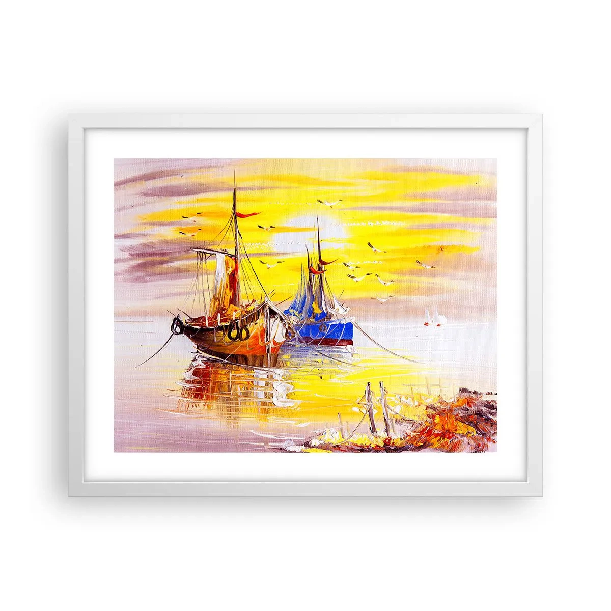 Affisch i vit ram - Välförtjänt vila i hamnen - 50x40 cm