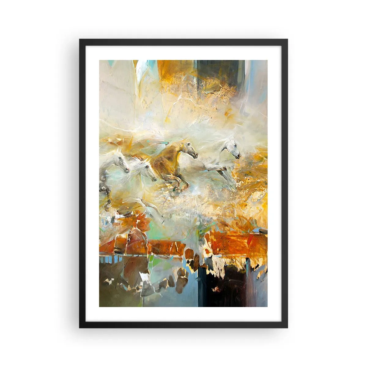 Affisch i svart ram - Galopperande hästar i en abstrakt miljö - 50x70cm - Galopp genom ljuset - Modern väggdekoration för vardagsrum och sovrum ARTTOR