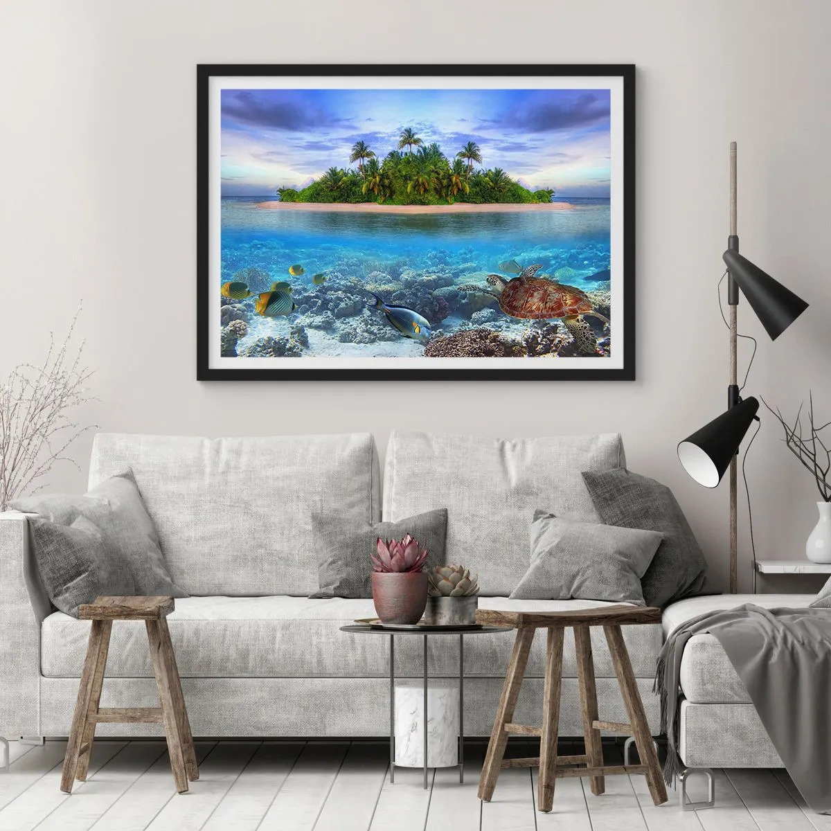 Affisch i svart ram - Himmelska ön hälsar välkommen - 70x50 cm