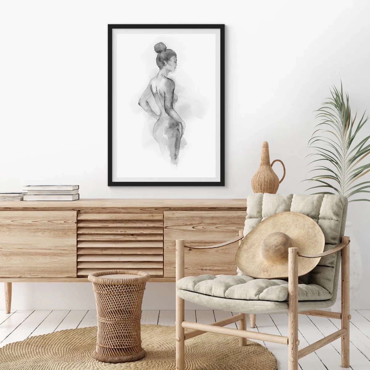Affisch i svart ram - Ett subtilt akvarellporträtt av en kvinna i grå nyanser. - 50x70cm - Vacker som målandet - Modern väggdekoration för vardagsrum och sovrum ARTTOR