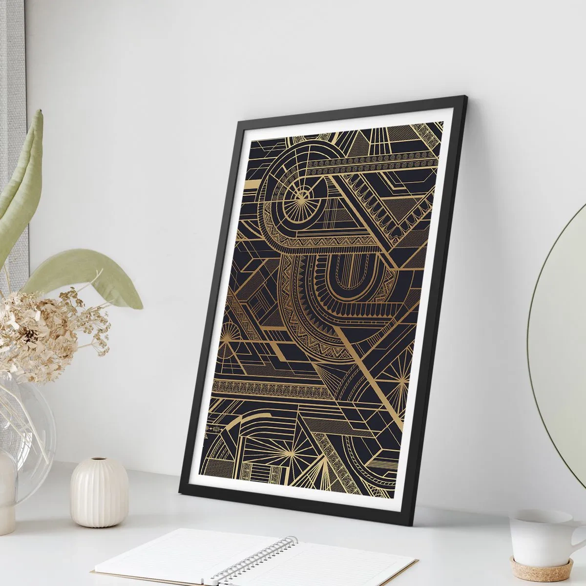 Affisch i svart ram - Geometriskt mönster i gyllene nyanser på svart bakgrund - 50x70cm - Koncept, idéer, planer - Modern väggdekoration för vardagsrum och sovrum ARTTOR