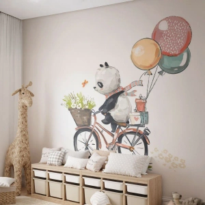Fototapet Premium Sand - Lycklig dag - För barn, Panda På En Cykel, Abstraktion - 100x70 cm