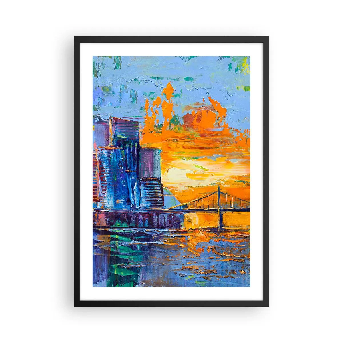 Affisch i svart ram - En färgglad bro och staden i skenet av den nedgående solen - 50x70cm - Kultur och natur - Modern väggdekoration för vardagsrum och sovrum ARTTOR