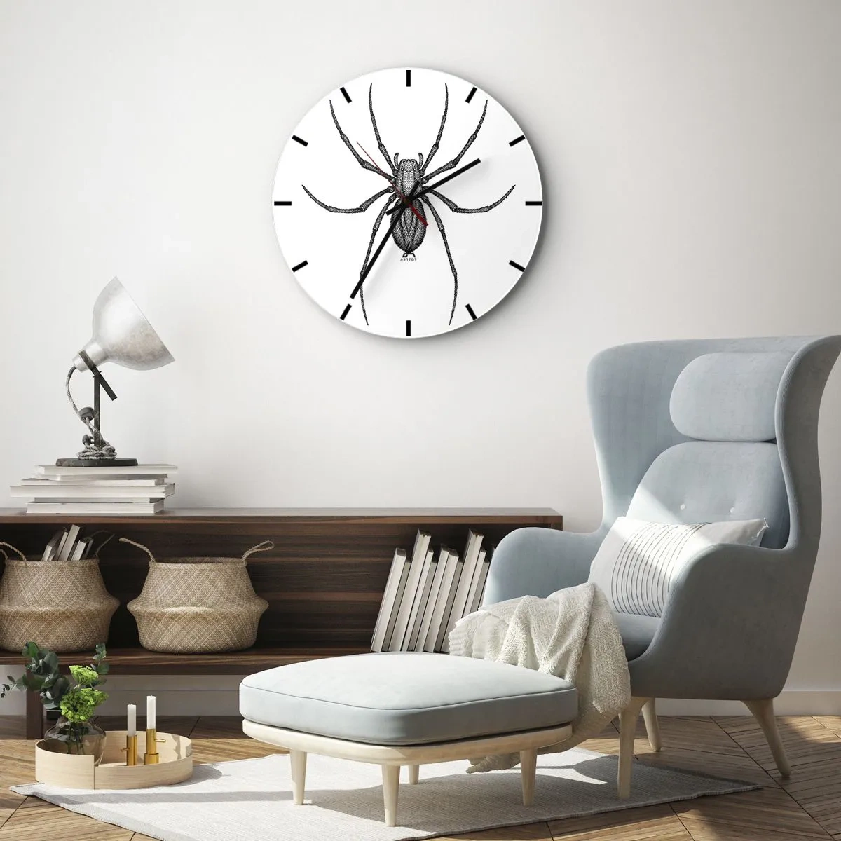 Väggklocka - Klocka på glas - Svartvit illustration av en spindel på vit bakgrund - 30x30cm - Oroväckande precision - Modern väggdekoration för vardagsrum, kök och sovrum ARTTOR