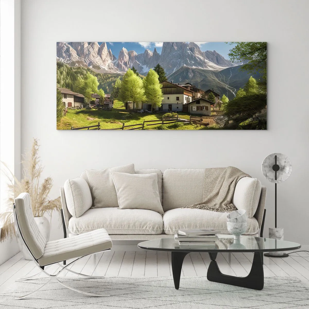 Glastavla - Bild på glas - Alpin idyll - 140x50 cm