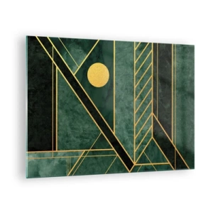 Glastavla - Bild på glas - Grön och guld geometrisk abstraktion i art déco-stil - 70x50cm - Dynamik av guld och azurblå - Modern väggdekoration för vardagsrum och sovrum ARTTOR