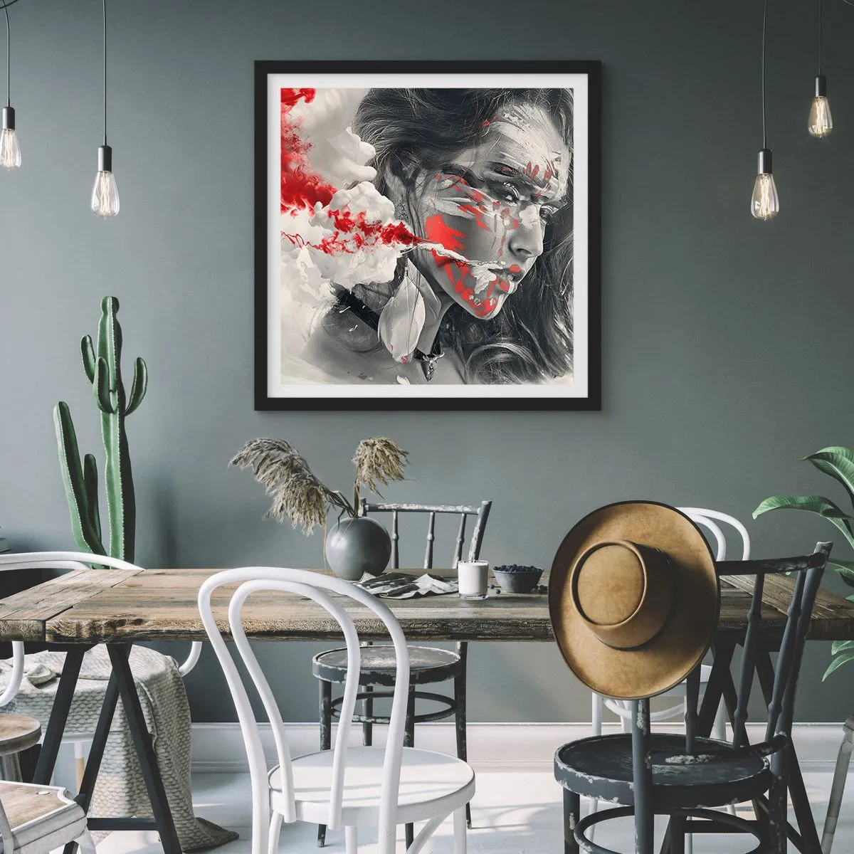 Affisch i svart ram - Röd-vit absurdhet - 40x40 cm