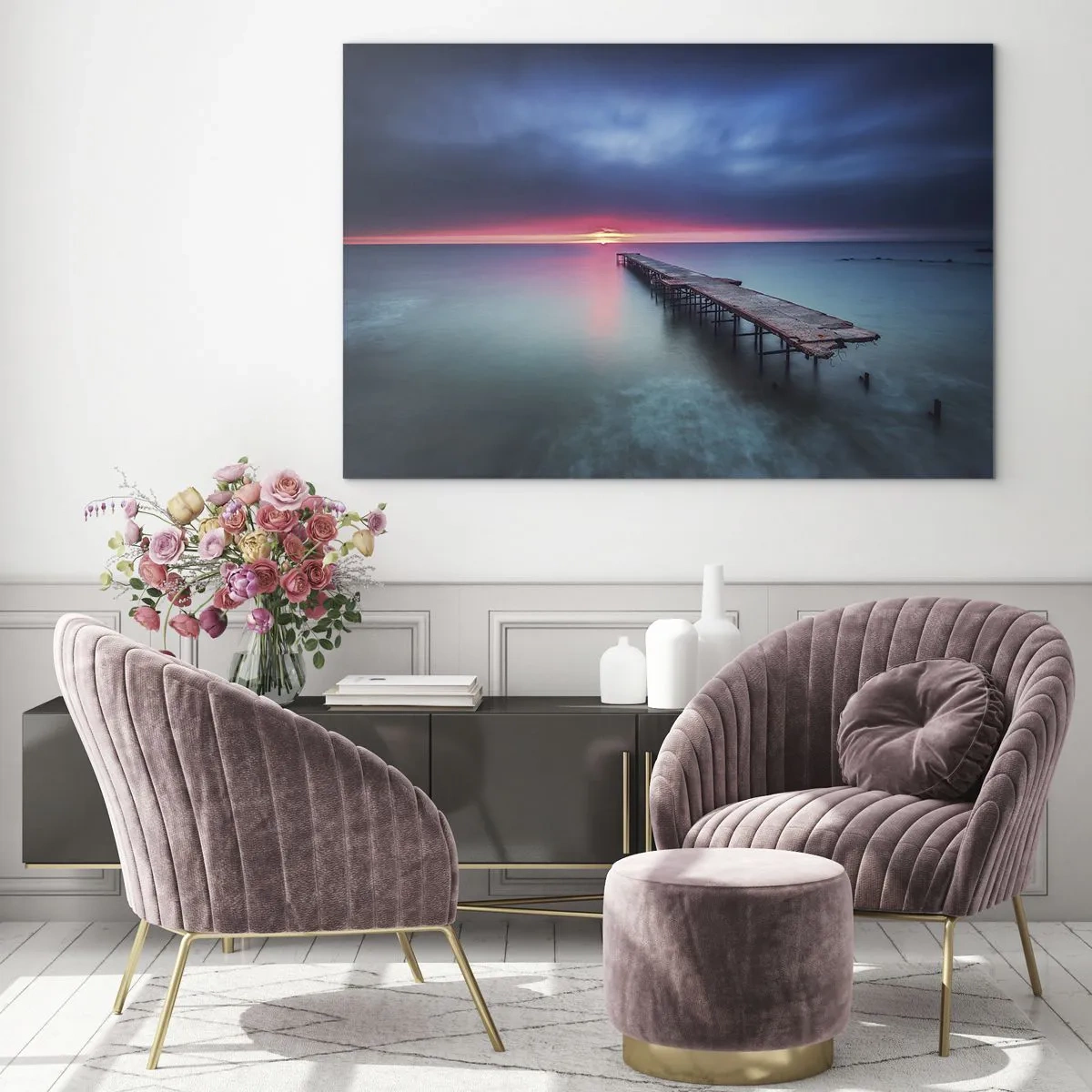 Glastavla - Bild på glas - Piren som leder mot solnedgången - 70x50cm - Mellan himlen och jorden - Modern väggdekoration för vardagsrum och sovrum ARTTOR