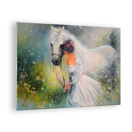Glastavla - Bild på glas - En kvinna i vit klänning med en vit häst på en äng full av blommor. - 70x50cm - Ur en vacker dröm - Modern väggdekoration för vardagsrum och sovrum ARTTOR