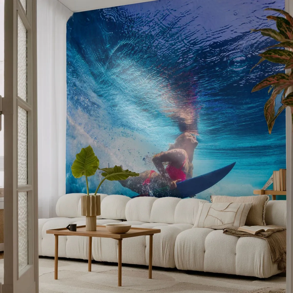 Självhäftande Fototapet Deluxe Sticker - Glädjens djup - Surfing, Kvinna, Sport - 250x175 cm