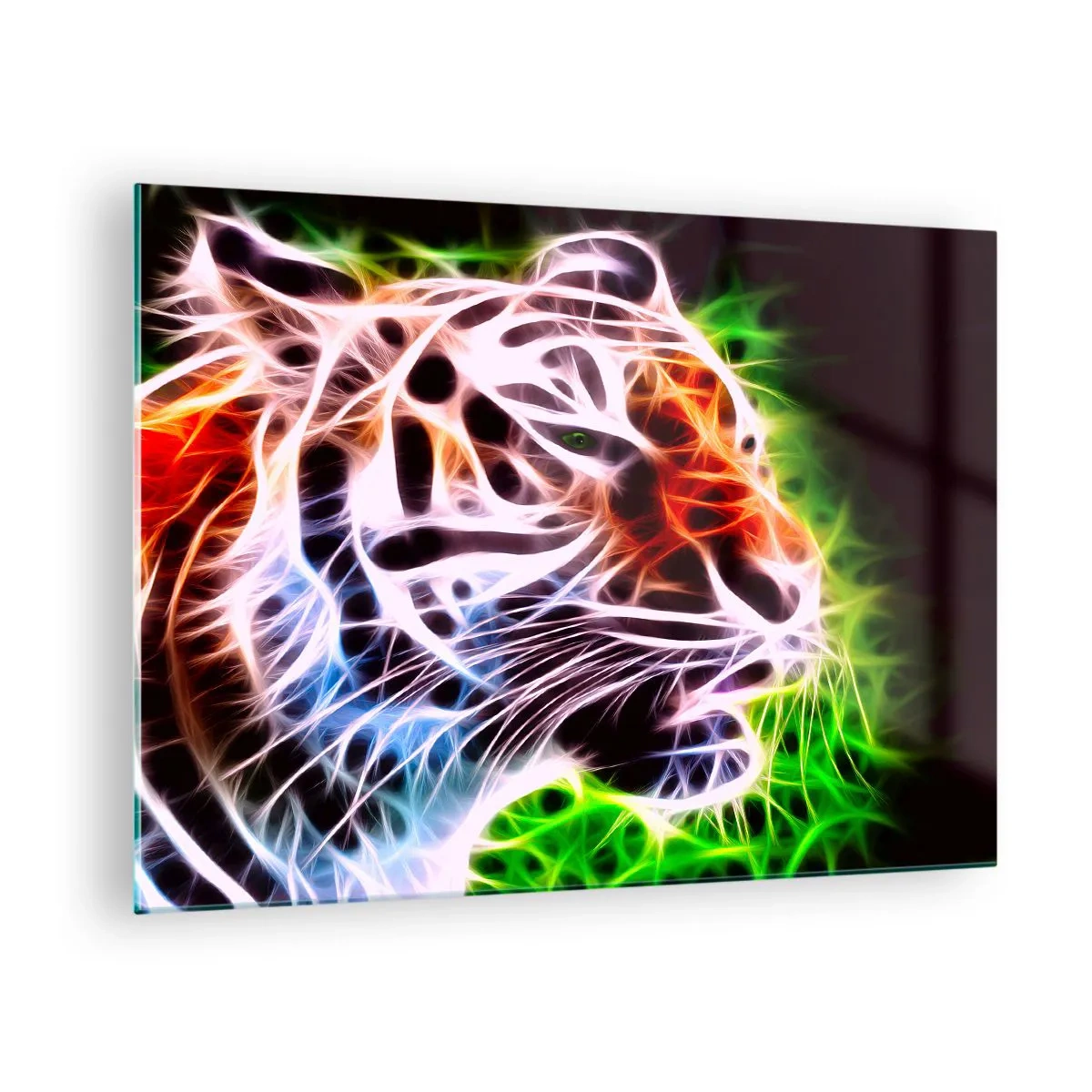 Glastavla - Bild på glas - En tiger i neonfärger, lysande färger - 70x50cm - Farlig stämning - Modern väggdekoration för vardagsrum och sovrum ARTTOR
