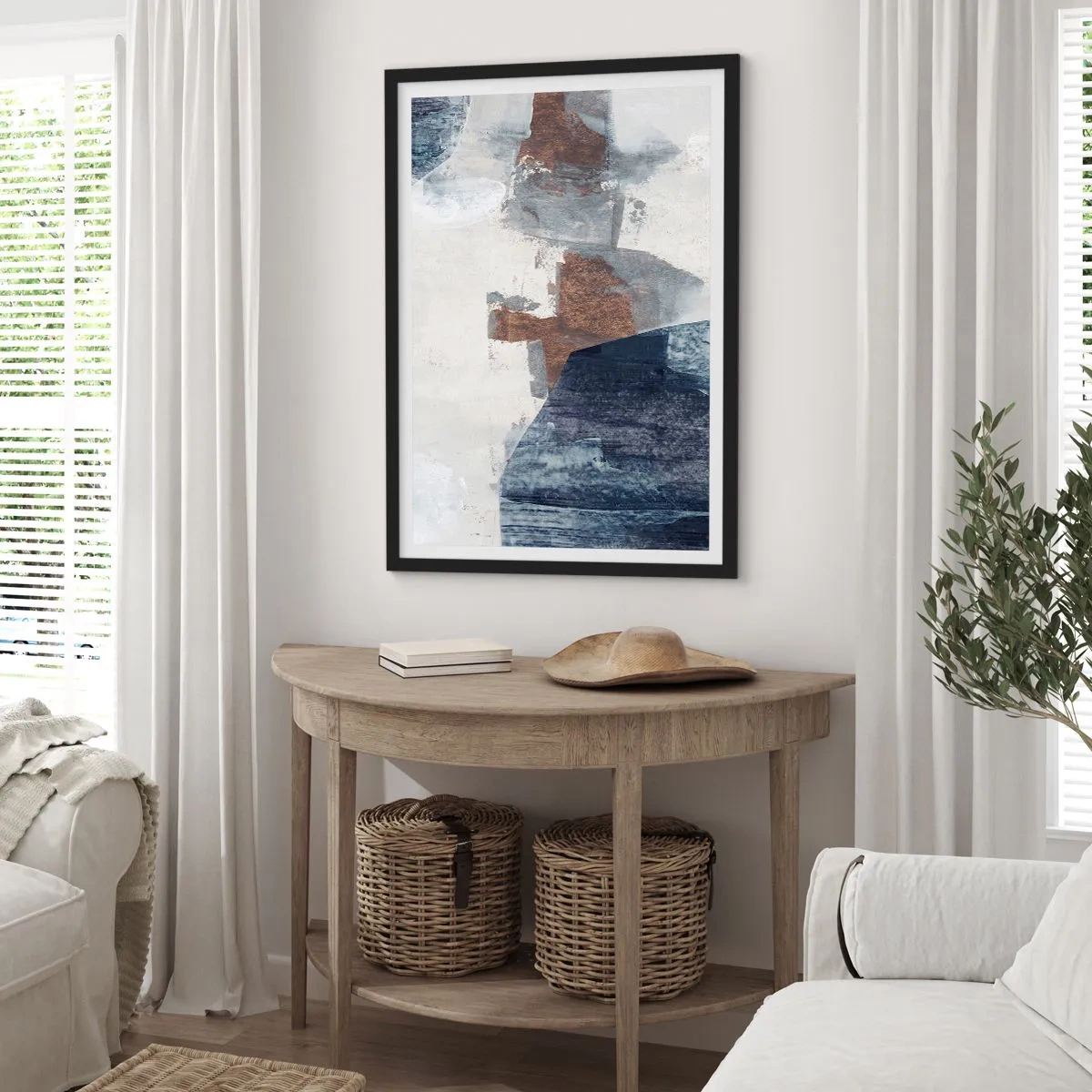 Affisch i svart ram - Modern abstraktion i nyanser av brunt och marinblått - 50x70cm - Blåbruna former - Modern väggdekoration för vardagsrum och sovrum ARTTOR