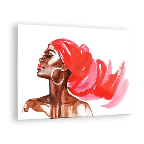 Glastavla - Bild på glas - Akvarellporträtt av en kvinna i röd turban - 70x50cm - ”Vind som vidgar mannens näsborrar” - Modern väggdekoration för vardagsrum och sovrum ARTTOR