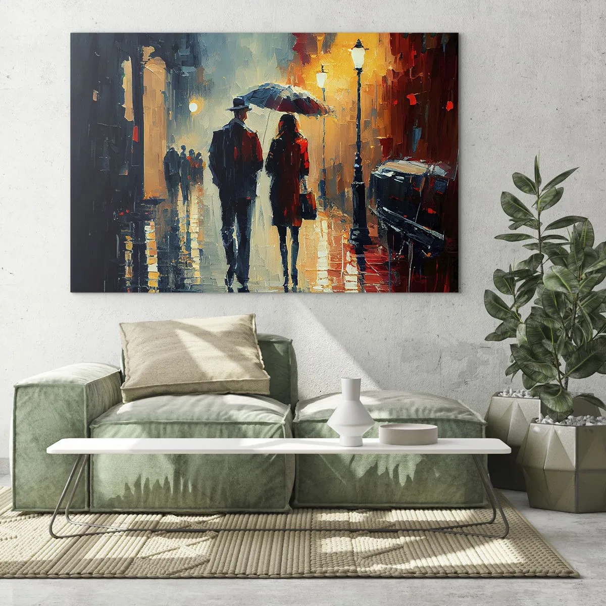 Glastavla - Bild på glas - Ett par med ett paraply går nerför en våt gata på natten. - 70x50cm - Kärlekshistoria på stan - Modern väggdekoration för vardagsrum och sovrum ARTTOR